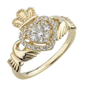 Yellow Gold Plated Round Moissanite Cluster Heart Ladies Promise Claddagh Ring - Picture 1 of 4