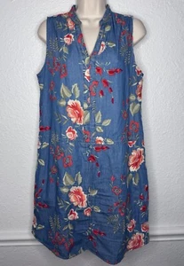Beige By Eci Blue Denim Chambray Floral Embroidered V-neck Sleeveless Dress Sz 8 - Picture 1 of 12
