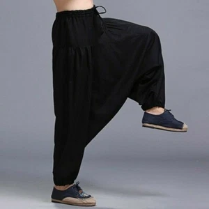 Men Linen Harem Trousers Baggy Chinese Drop Crotch Pants Loose Casual Black New - Picture 1 of 15