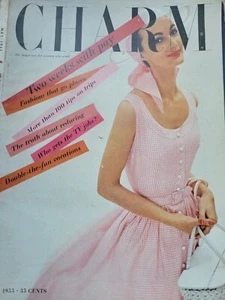 1955 Charm Fashion Magazine portada SOLO rosa a cuadros vestido sombrero moda - Imagen 1 de 1