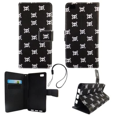 Custodia Protettiva per Huawei P8 Lite Teschio Case Cover Borsa a Libro Wallet - Immagine 1 di 2
