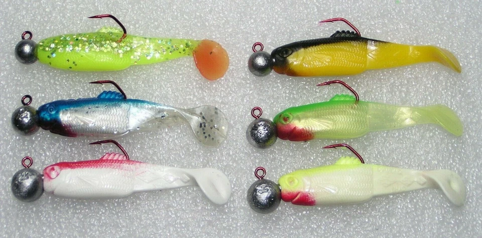 6 Stück Relax Diamond Gummifische 7,5cm mit VMC Barbarin Jig köpfe,Zander, Neu - Bild 1 von 1