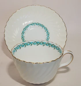 Minton Lady Rodney Cup & Saucer Aqua Buds Cream Rim Fluted Shape - Picture 1 of 9