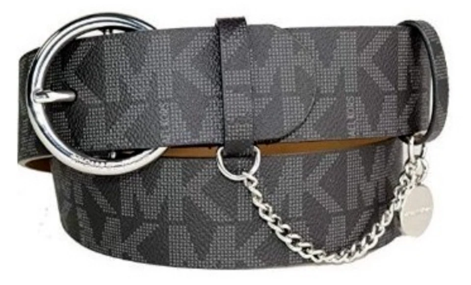 Michael Kors Black Signature MK Logo Silver Chain Buckle Belt Size Small