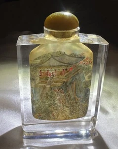 Superb Reverse impressive Landscapes Painted Crystal Snuff Bottle W/Jade topper - Picture 1 of 16