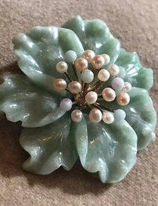 Vintage Stunning Carved Jade Flower Pearl 925 Sterling Silver Brooch pendent LRG - Picture 1 of 10