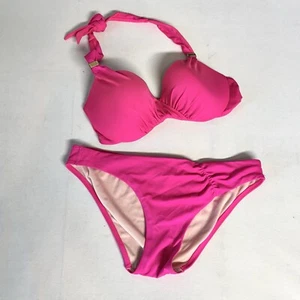Victorias Secret 2 Pc Bikini Hot Pink Women’s M / Top 34C Gold Logo On Straps - Picture 1 of 6
