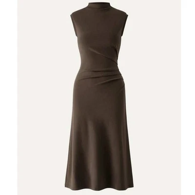 OGL Mockneck Tucks Midi Dress Women Large Hazelnut Coco Minimalist Chic Cozy NWT - Image 1 of 4