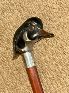 Edwardian Walking Stick Cane Duck Head & Hallmarked 1909 Silver By  BRIGG LONDON - Picture 1 of 10