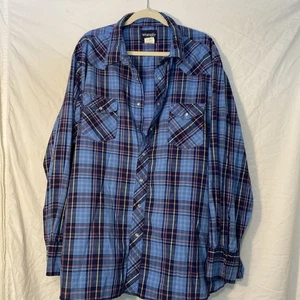 Men’s Wrangler Western Button Snap Blue Cowboy Shirt 3XL Plaid - Picture 1 of 8