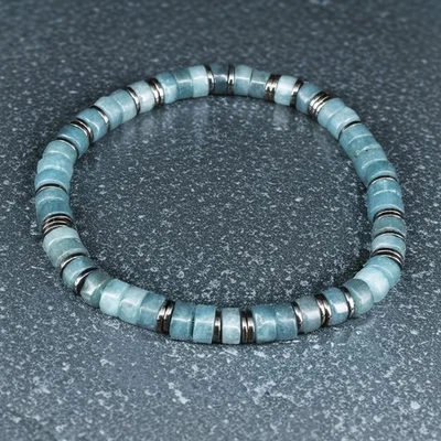 Natural Aquamarine & Hematite 6mm Beaded Bracelet Crystal Healing Women Gift - Image 1 of 4