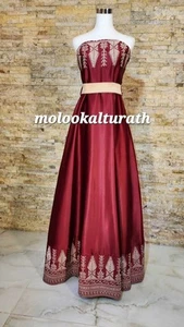 Luxury Red Stapsless Embroidered Beige Tatreez Satin Maxi Dress Size Small - Picture 1 of 2
