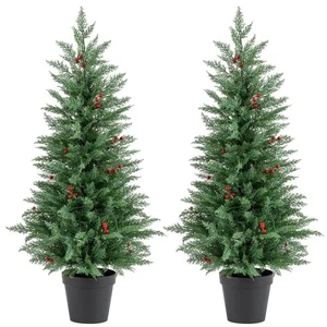 2 paquetes de árboles de Navidad preiluminados de 4 pies con luces LED blancas cálidas, temporizador, bayas rojas - Imagen 1 de 1