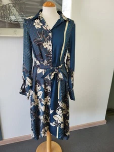 ZARA Kleid Gr M 38 Grün Beige Blumen Muster Blusen Kleid Binde Gürtel - Bild 1 von 8