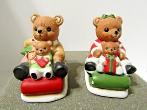 2 Vintage Homco Porcelain Christmas Teddy Bear Family on Sleds Figurines # 5102 - Picture 1 of 8
