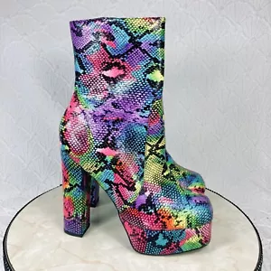 Liliana Ankle Boots 7 Rainbow Faux Snakeskin Block Heel Zip Up Chunky Heel Boots - Picture 1 of 14