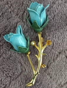Vintage 2" Art Deco Emaille blaue Tulpen Anstecknadel Brosche - Bild 1 von 2