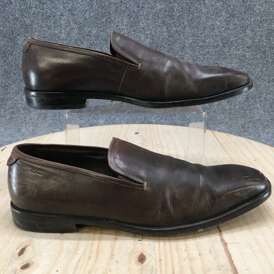 Hugo Boss Zapatos Para Hombres 8.5 Informales Mocasines Sin Cordones Cuero Marrón Puntera Cuadrada Parte Superior Baja Foto 1 de 4