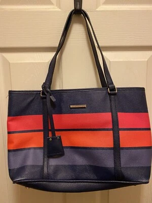 Dana Buchman Navy w/ Coral & Orange Stripes Tote Bag Purse - Image 1 of 4