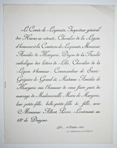 MARIE DE MARGERIE Albert Prisse FAIRE PART MARIAGE Comte de Lespinasse 1885 - Picture 1 of 1