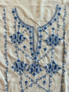 Vintage Antique Hand Embroidered Silk? Panel w/ Blue Embroidery