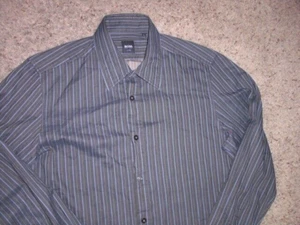 HUGO BOSS brown & blue stripe cotton long sleeve button front shirt Large - Picture 1 of 3