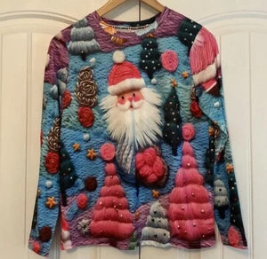 Christmas Casual NWT Women's Santa Print Long Sleeve Crew Neck T Shirt Size S - Picture 1 of 8