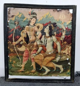 Antigua diosa hindú Shiva y Parwati hermosa impresión litográfica enmarcada 16 x 14" - Imagen 1 de 5