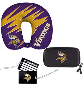 Neu NFL Minnesota Vikings 4-teiliges Reiseset Nackenkissen Kordelhülle Kofferanhänger - Bild 1 von 2
