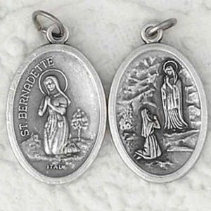 Our Lady of Lourdes + Saint Bernadette - Italian Silver tone OX 1" Medal 0003 - Picture 1 of 4