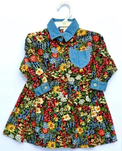 Vintage Baby Beluga Girls Floral Long Sleeve Dress with Denim Trim Size 18M NEW - Picture 1 of 4
