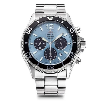 ORIENT Mako Solar Chronograph RN-TX0206L Men's Watch Sky Blue Silver New - Image 1 of 4
