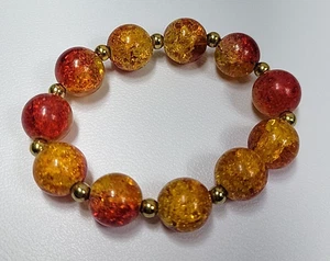 Vintage Retro Orange & Rot Crackle Glas & Goldfarbene Perlen Stretch Armband - Bild 1 von 7