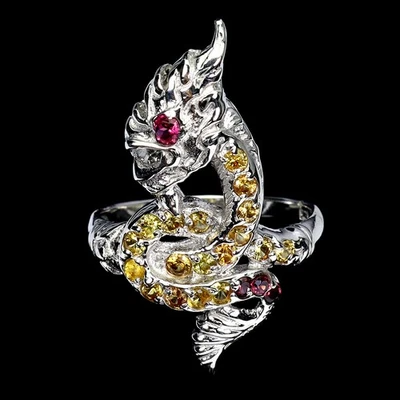 Anillo de plata de ley 925 redondo zafiro rodolita piedras preciosas dragón tailandés talla 8,5 Foto 1 de 4