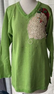 Quacker Factory Vintage Green Christmas V-Neck Sweater, Women's Medium - Picture 1 of 6