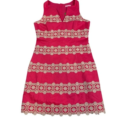 NWT LILLY PULITZER Augusta Coral Anchor Shift Dress Pink Gold Lace Lined Sz 8 - Image 1 of 4