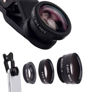 3 in 1 Lens Set Smartphone Wide Angle Macro Fisheye Clip On Lenses Black - Picture 1 of 8