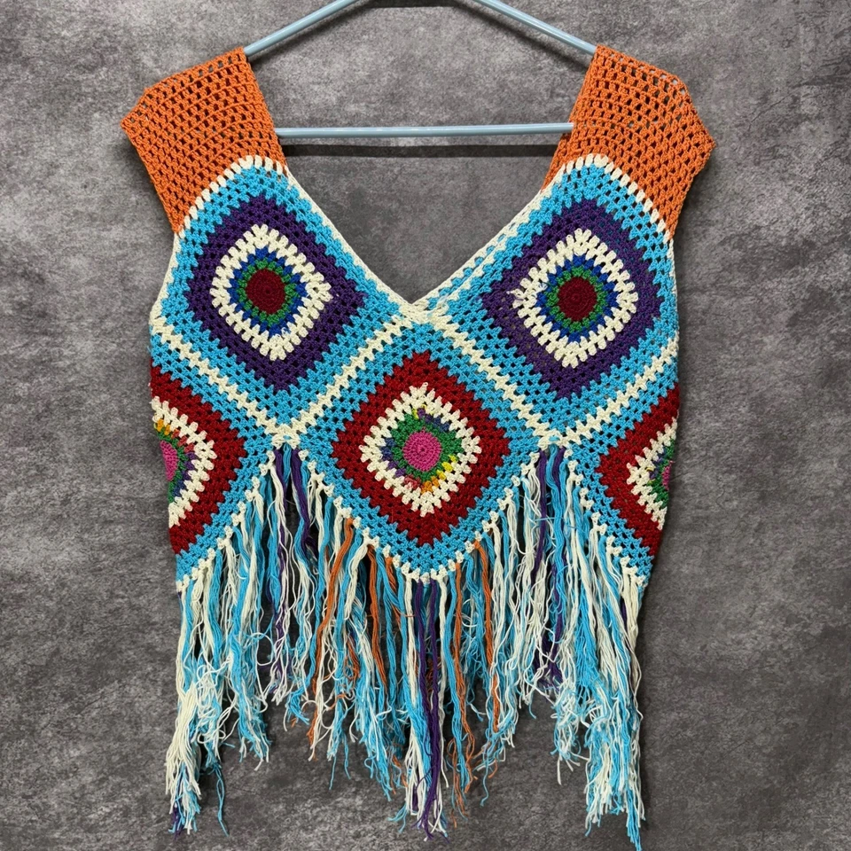 Top Crochet Granny Cuadrado Flecos Talla S Sin Mangas Colorido Festival Boho Hippie Foto 1 de 4