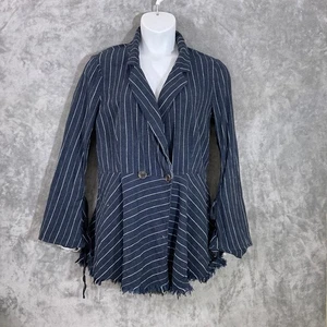 Free People Blazer Women's Large Blue Double Breasted stripes bell sleeves Flaws - Picture 1 of 14