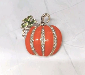 Orange Enamel Pumpkin Brooch  Crystals Halloween, Autumn Gift - Picture 1 of 2