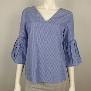 Dorothy Perkins Size 8 Top Blouse V Neck 3/4 Puff Sleeve Bow Blue Striped Women - Picture 1 of 14