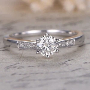 0.35 Ct Lab Grown Diamond Women's Solitaire With Accent Ring 925 Sterling Silver - Picture 1 of 9