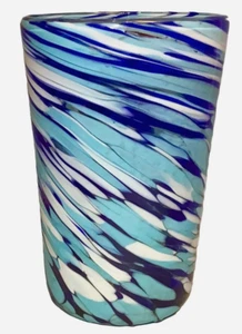 Cobalt Light Blue White Confetti Splotch Swirl Hand Blown Glass Cup 5.75” h - Picture 1 of 4