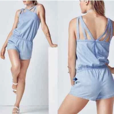 Fabletics Liza Chambray Blue Cotton Strappy Shorts Romper Size XL - Image 1 of 4