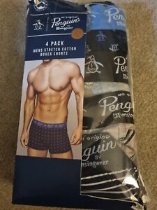Penguin 4 Pack Mens Stretch Cotton Grey/Blue Boxer Shorts L - New Torn Packaging