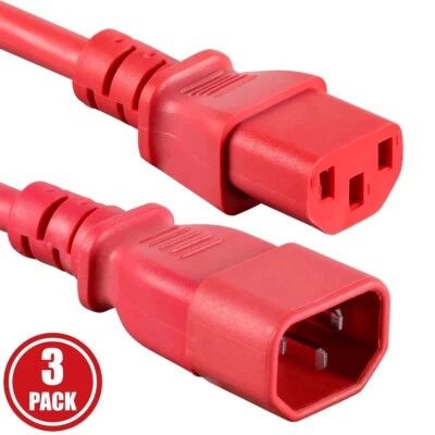 3x 3FT Power Extension Cord Cable IEC Kettle C14 To C13 Male To Female 18/3 Red - Image 1 of 4