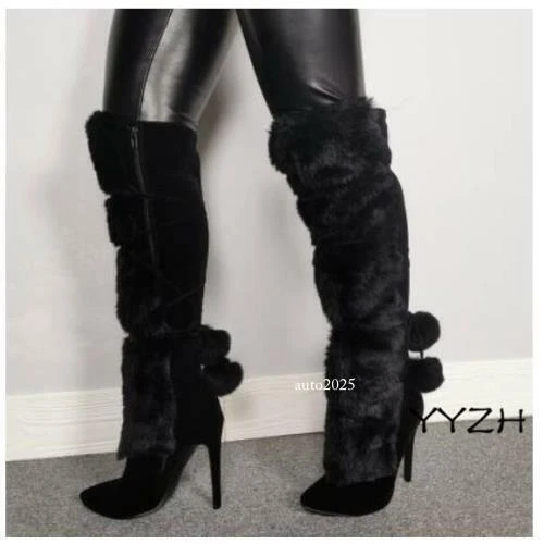 Womens Fur Decor Stilettos Pointed Over The Knee Thigh Boots Zipper Warm Outwear - Image 1 of 4