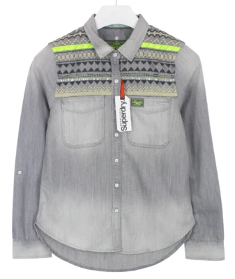 Superdry Flag Denim Camisa Mujer Pequeño Bordado Azteca Buscar Gris - Imagen 1 de 4