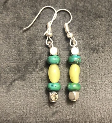 Handmade Lemon Jade Green Howlite Turquoise Gemstone Dangle Style Earrings - Image 1 of 4