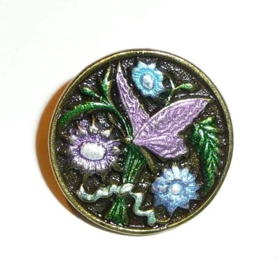 Painted Butterfly on Flowers Antique Reproduction Metal Shank Button 13/16"  - Image 1 of 4
